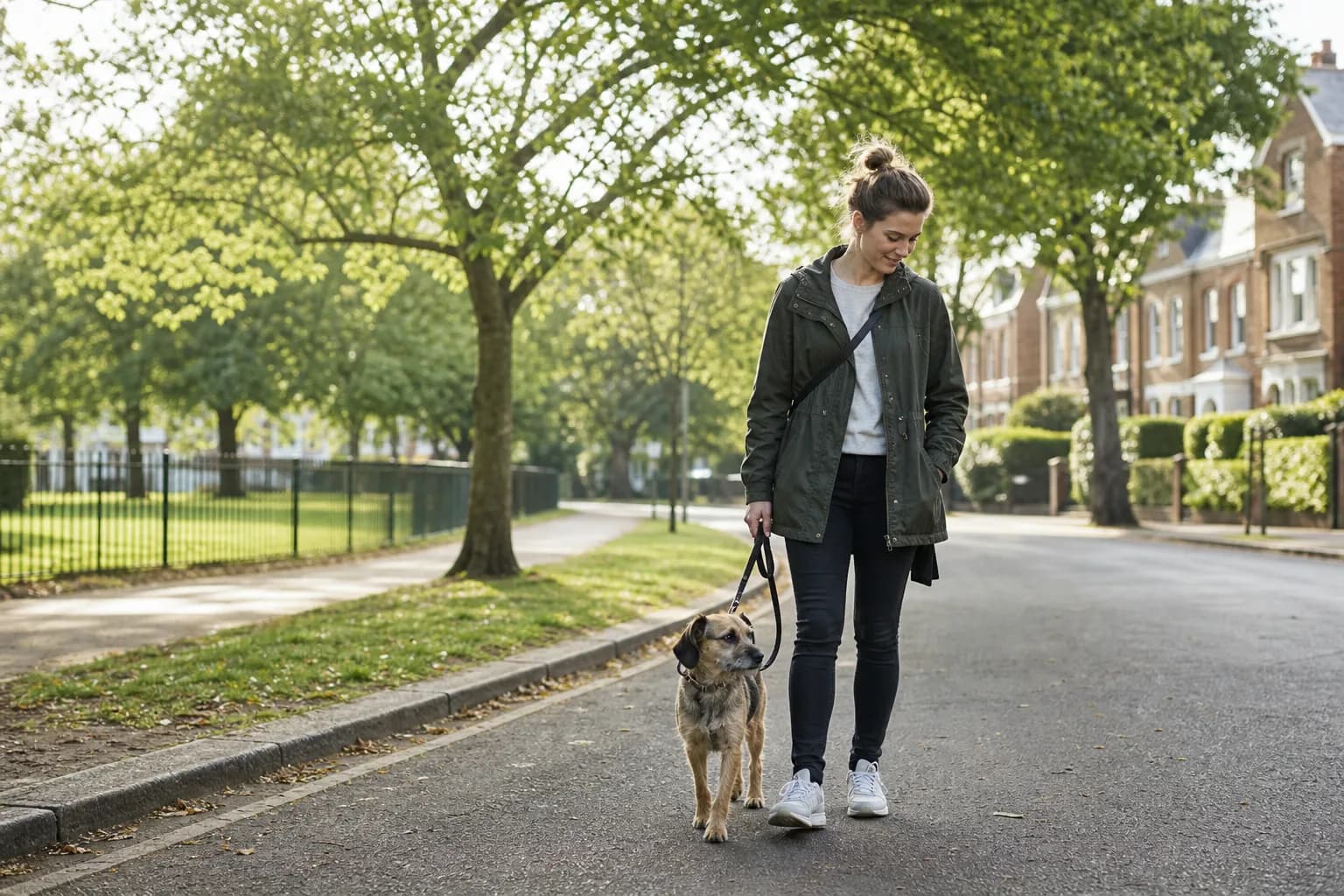 A local dog walker walking one dog on a leafy UK residential street