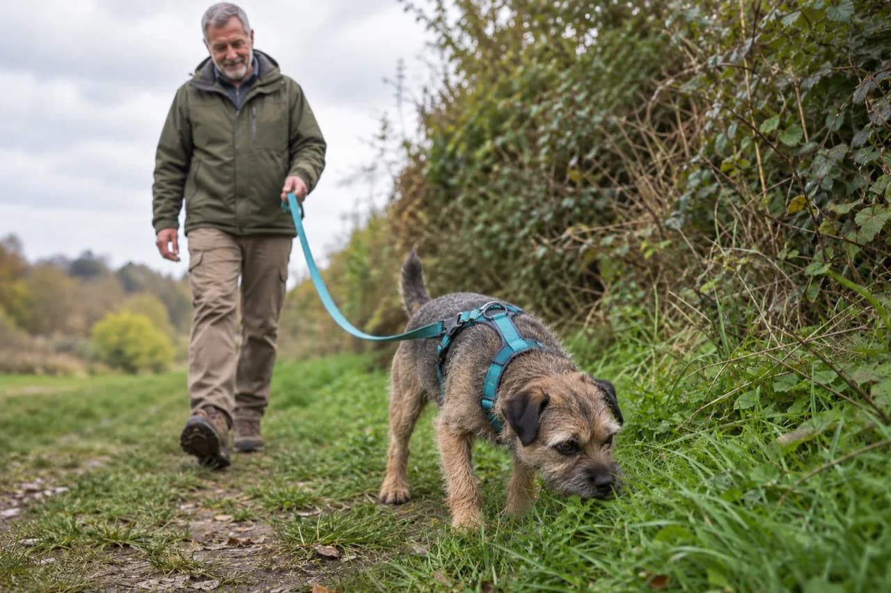 A terrier sniffing grass beside a hedge while its walker follows on a loose lead
