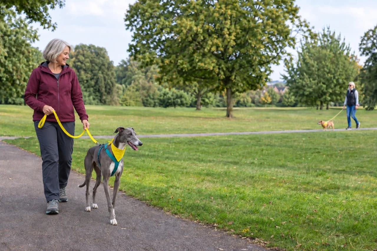 A greyhound wearing a yellow bandana and lead, with another dog and walker farther away in the park