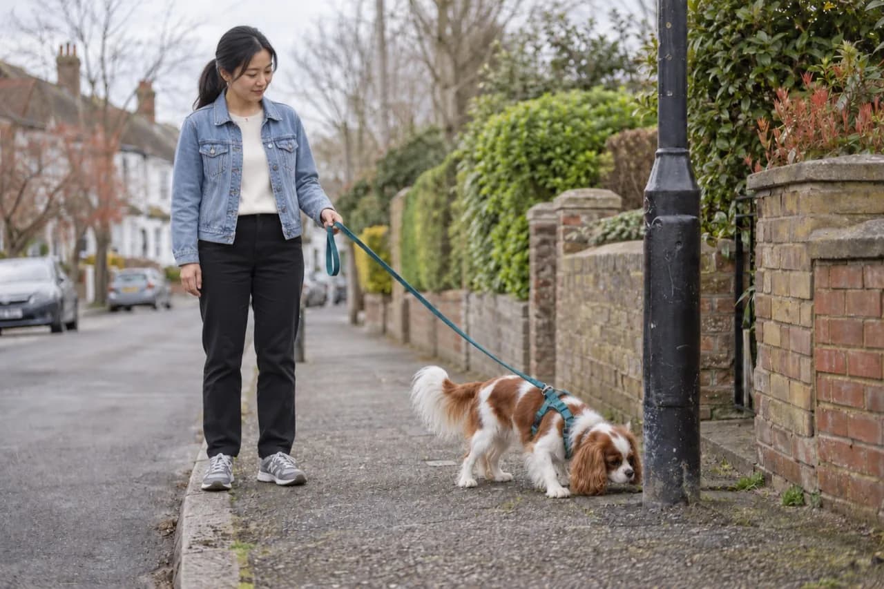 A spaniel sniffing a lamppost on a residential pavement while its walker waits