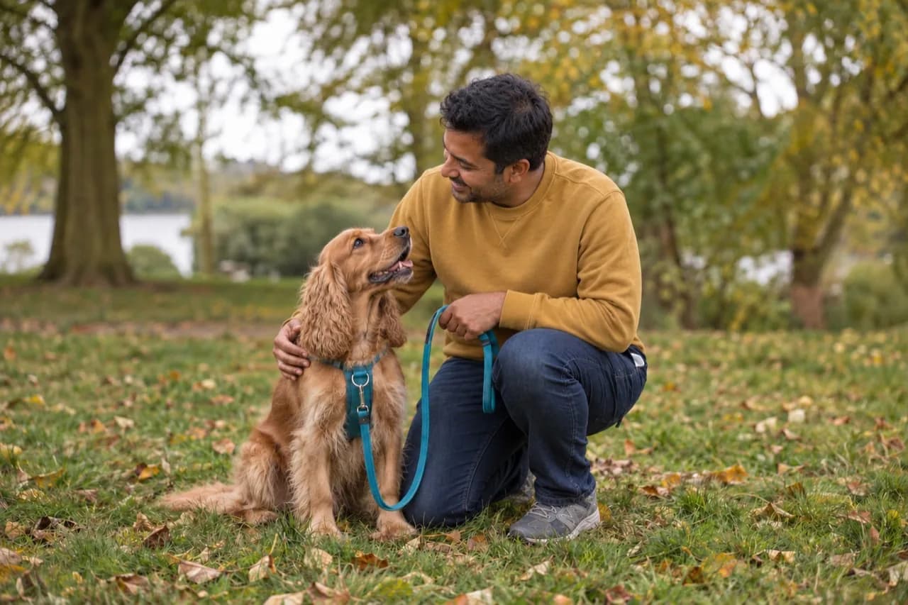 A walker crouching beside a spaniel as they look at each other in the park