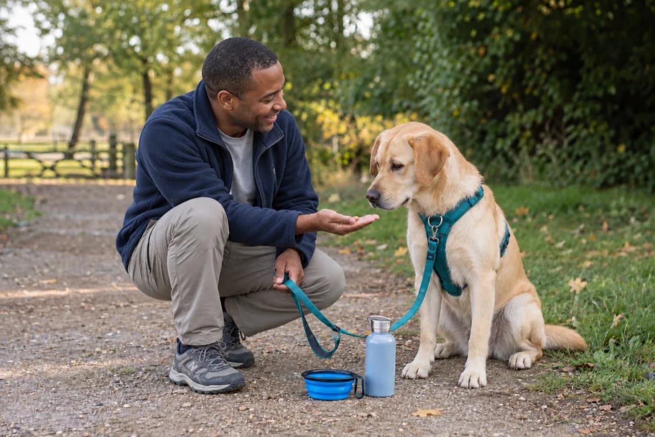 A walker offering a golden retriever a treat beside a water bottle and portable bowl